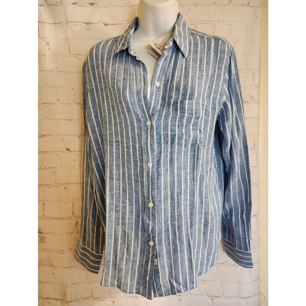 NWT Rails "Cito" Blue White Stripe Linen Blend Button Down Blouse Sz.Small $198